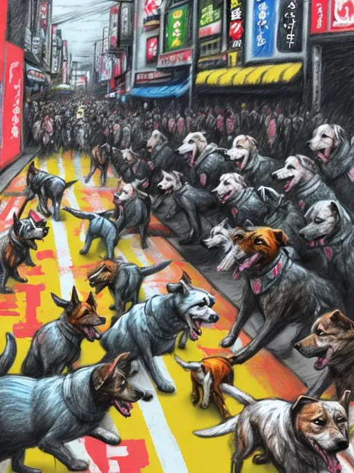 Prompt: pop art chalk pastel art of detailed dogs wearing nazi uniforms playing in the streets in japan during a festival, sketch, detailed background, highres, fun atmosphere, natural lighting,  abstract, fun