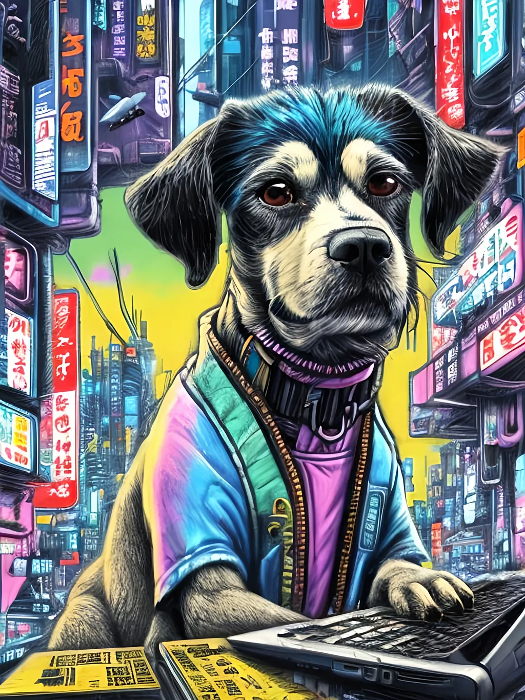 Prompt: pop art chalk pastel art of a detailed dog hacking a computer on the streets in cyberpunk japan with planes in the background, sketch, detailed background, highres, fun atmosphere, natural lighting,  abstract, fun