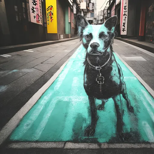 Prompt: pop art chalk pastel of a detailed grunge dog in the streets in japan, natural lighting, highres, fun