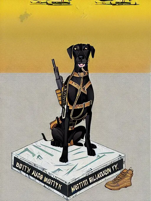 Prompt: black mountain cur dog in military gear in egypt 90s poster