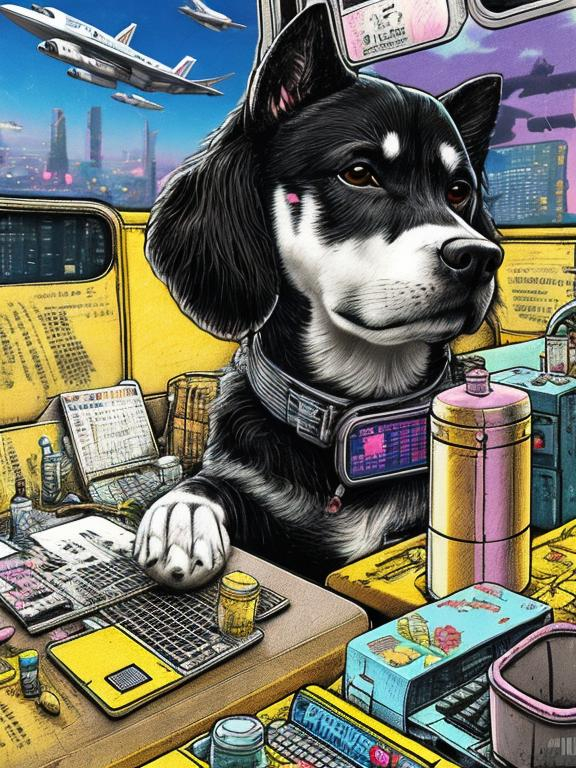 Prompt: pop art chalk pastel art of a detailed dog hacking a computer on the subway train in cyberpunk japan with planes in the background, sketch, detailed background, highres, fun atmosphere, natural lighting,  abstract, fun