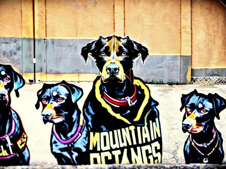 Prompt: mountain cur black dogs in gangster rappers clothing graffiti