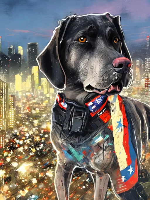 Prompt: a detailed mountain cur black dog wearing usa clothes at a city rally in cyberpunk japan, pop art chalk pastel, detailed background, high res, fun