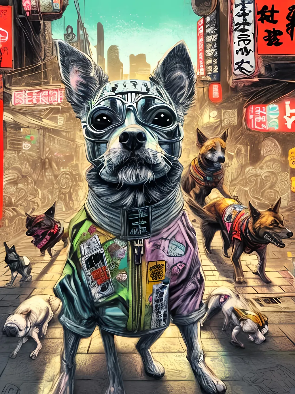 Prompt: pop art chalk pastel art of detailed dogs wearing gangster clothes playing in the streets in cyberpunk japan during a festival, sketch, detailed background, highres, fun atmosphere, natural lighting,  abstract, fun