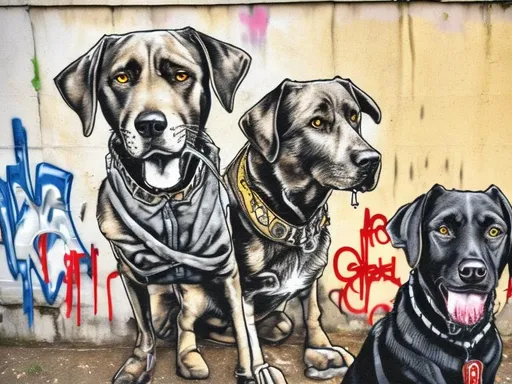 Prompt: mountain cur black dogs in gangster clothing graffiti