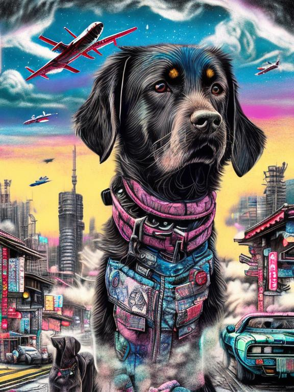 Prompt: pop art chalk pastel art of a detailed happy mountain cur black dog in the streets in cyberpunk Japan during a festival with planes in the background, sketch, detailed background, highres, fun atmosphere, natural lighting,  abstract, fun