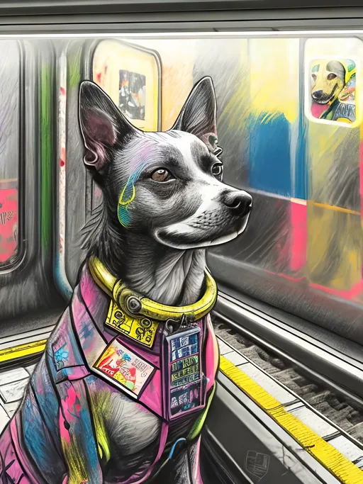 Prompt: pop art chalk pastel art of detailed dog on a train in cyberpunk japan during a festival, sketch, detailed background, highres, fun atmosphere, natural lighting,  abstract, fun