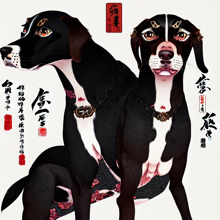 Prompt: black mountain cur dogs in hiroshige wearing yakuza clothes