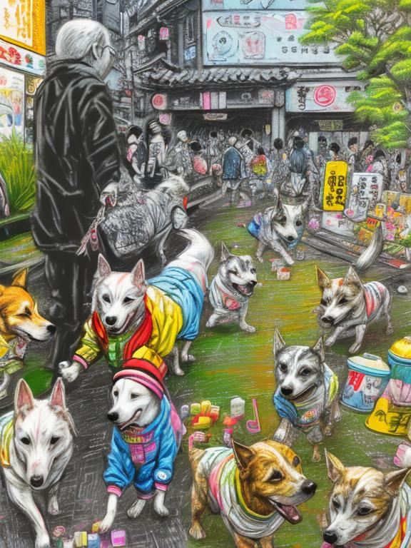 Prompt: pop art chalk pastel art of detailed dogs wearing clothes playing in the streets in japan during a festival, sketch, detailed background, highres, fun atmosphere, natural lighting,  abstract, fun