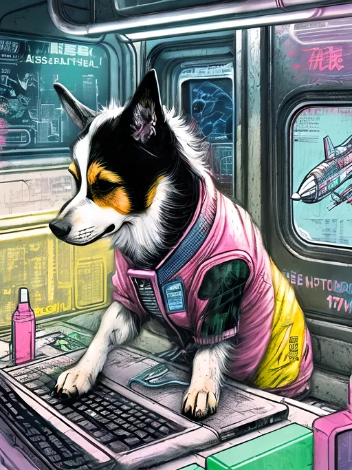 Prompt: pop art chalk pastel art of a detailed dog hacking a computer on the subway train in cyberpunk japan with planes in the background, sketch, detailed background, highres, fun atmosphere, natural lighting,  abstract, fun