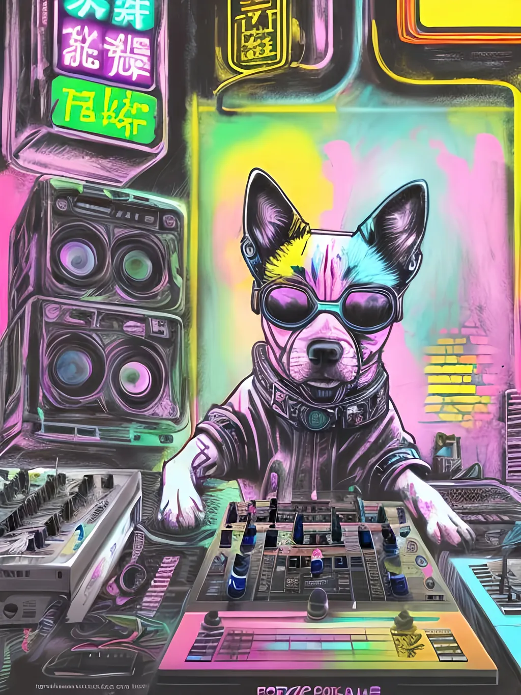 Prompt: pop art chalk pastel art of detailed dog DJing in cyberpunk Japan, sketch, detailed background, highres, fun atmosphere, natural lighting,  abstract, fun