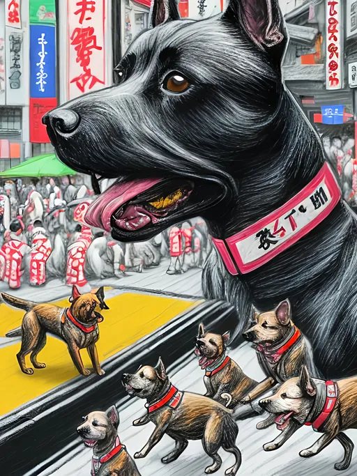Prompt: pop art chalk pastel art of detailed dogs wearing pilot uniforms playing in the streets in japan during a festival, sketch, detailed background, highres, fun atmosphere, natural lighting,  abstract, fun