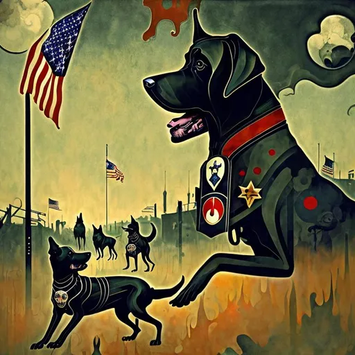 Prompt: Art Nouveau, surreal, abstract art of black dogs in patriotic soldier outfits, cowboy hat, in a battle field, high contrast, dreamlike, otherworldly, fun atmosphere, mysterious, professional art, abstract, vibrant colors, atmospheric lighting, USA, surreal style, vibrant, high-quality