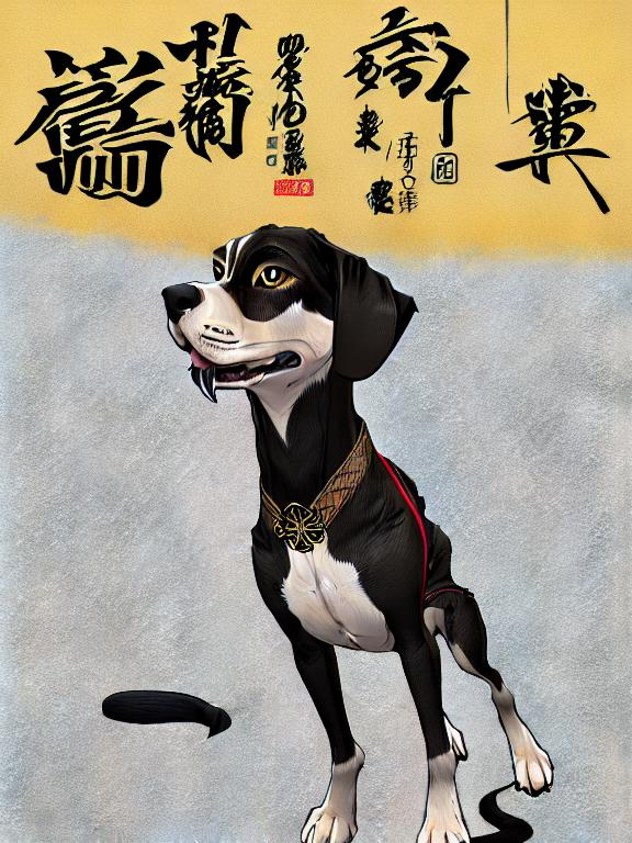 Prompt: black mountain cur dog in yakuza outfit 90s poster