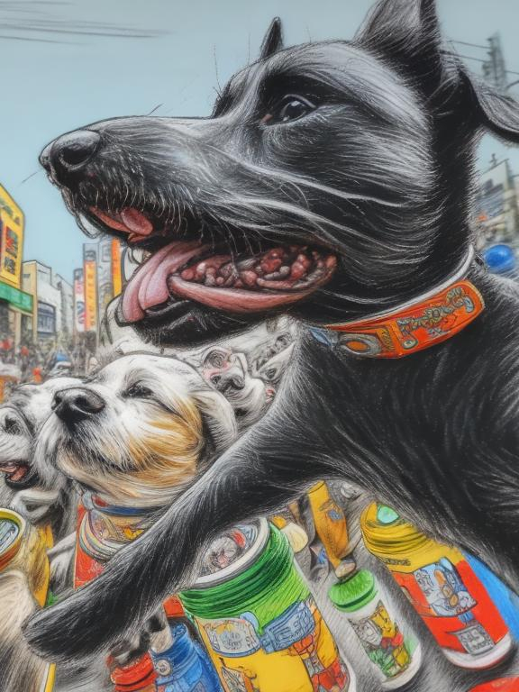 Prompt: pop art chalk pastel art of detailed dogs wearing clothes playing in the streets in japan during a festival, sketch, detailed background, highres, fun atmosphere, natural lighting,  abstract, fun