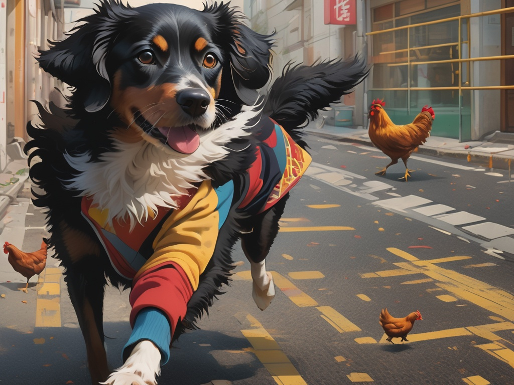 Prompt: a black dog wearing clothes chasing a chicken in the streets, dogs, abstract art, Action Painting, Screen print, splash screen art, digital art, 8k resolution trending on Artstation, golden ratio, akira, symmetrical, rule of thirds, geometric bauhaus, Studio Ghibli, Anime Key Visual, by Makoto Shinkai, Deep Color, Intricate, 8k resolution concept art, Natural Lighting, Beautiful Composition