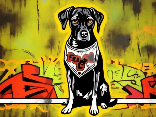 Prompt: Mountain cur black dog in redneck clothing graffiti art style