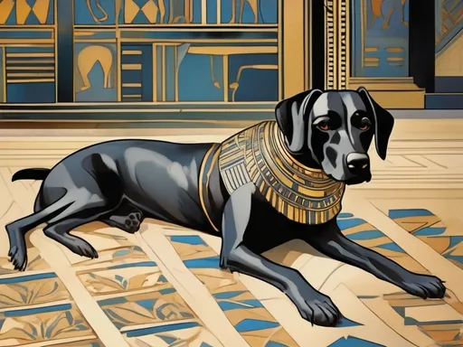 Prompt: Art Nouveau style black dog in egyptian clothing