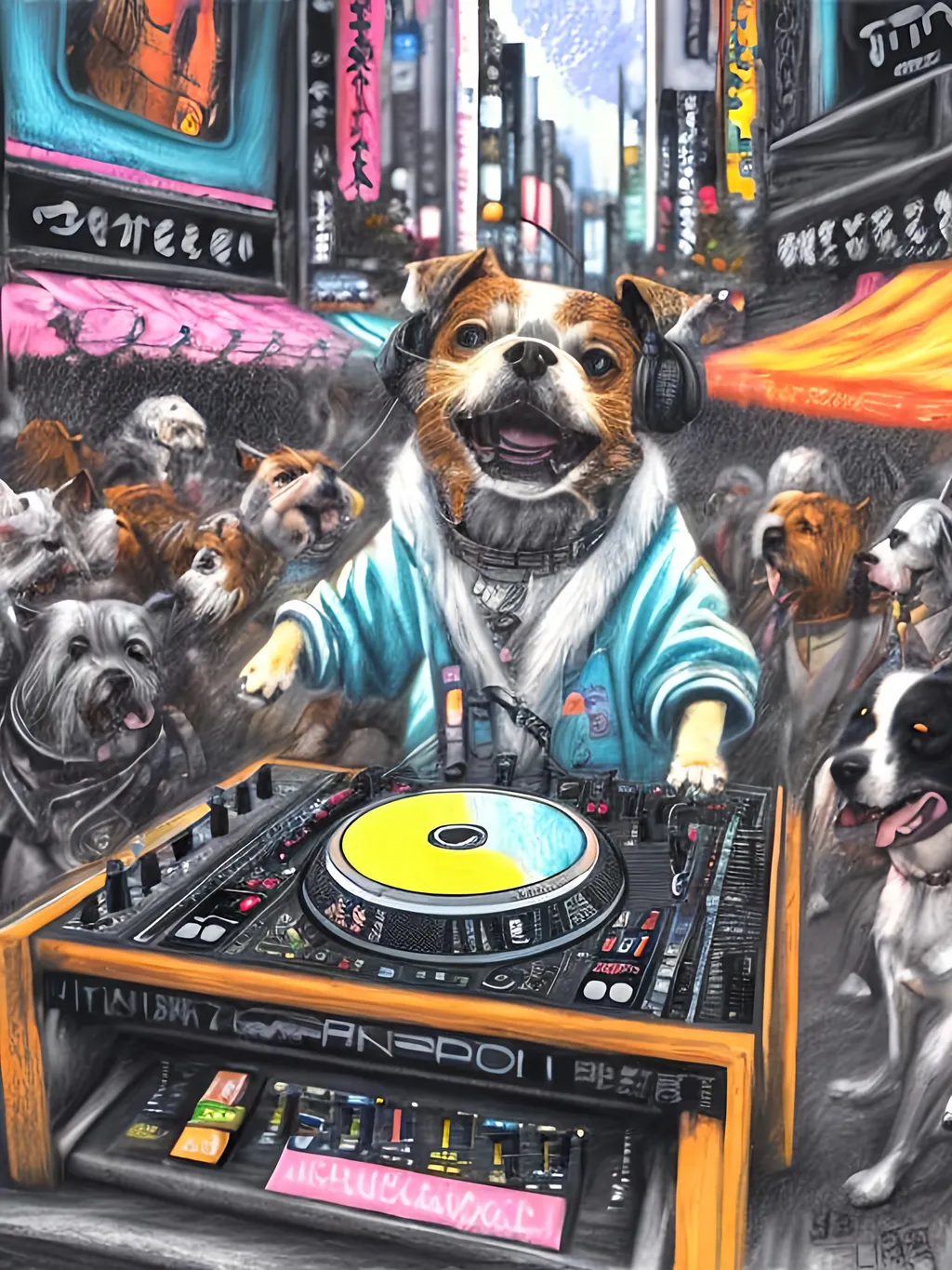 Prompt: chalk pastel art of detailed dog DJing in the streets in Japan during a festival, sketch, detailed background, highres, fun atmosphere, natural lighting,  abstract, fun