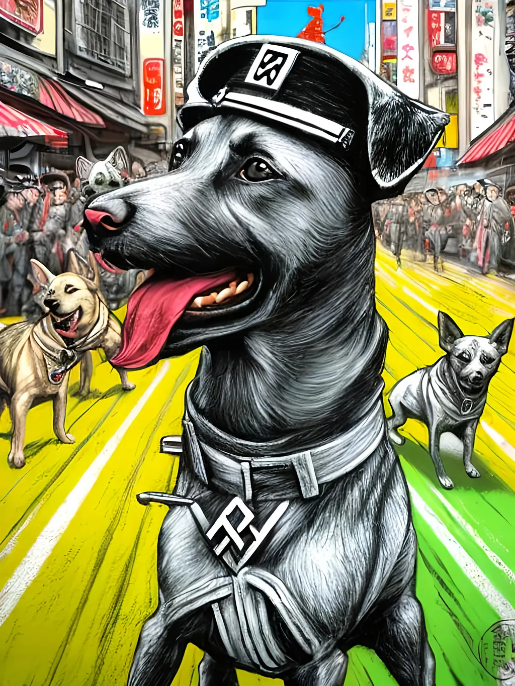 Prompt: pop art chalk pastel art of detailed dogs wearing nazi uniforms playing in the streets in japan during a festival, sketch, detailed background, highres, fun atmosphere, natural lighting,  abstract, fun