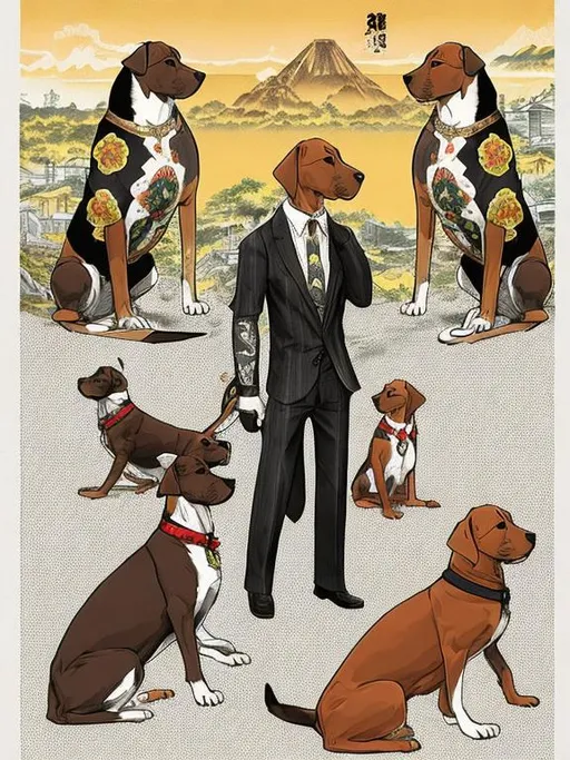 Prompt: black mountain cur dogs in yakuza outfit 90s poster