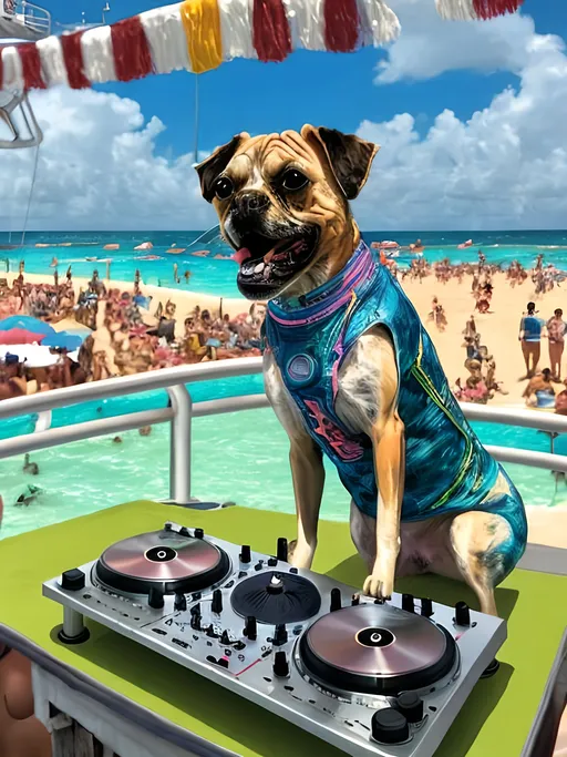 Prompt: chalk pastel style of a  detailed dog DJing on a cruise in Cancun, sketch, detailed background, highres, fun atmosphere, natural lighting,  abstract, fun