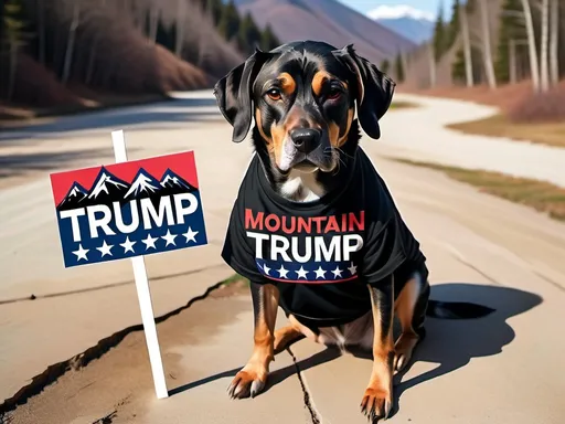 Prompt: Mountain cur black dog in pro trump clothing abstract art style