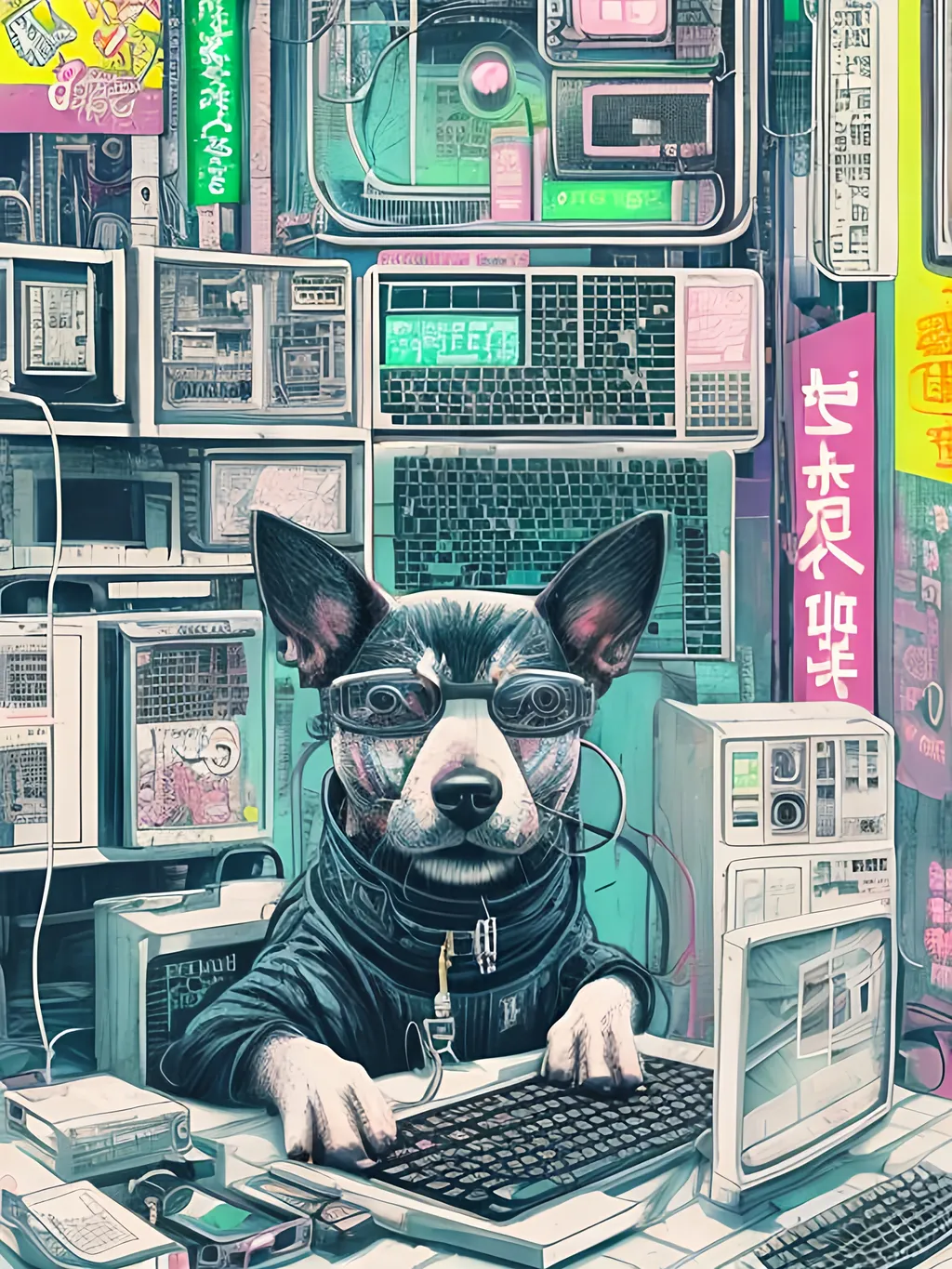 Prompt: pop art chalk pastel art of detailed dog hacking computers in cyberpunk japan, sketch, detailed background, highres, fun atmosphere, natural lighting,  abstract, fun
