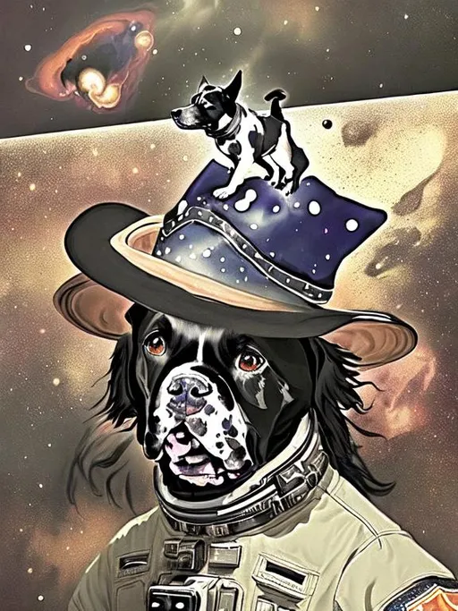 Prompt: Surrealism black dogs in cowboy outfits in space, abstract art style, cowboy hat, fun atmosphere, floating celestial bodies, mysterious nebulae, dreamlike, surreal, high contrast, otherworldly, abstract, space, astronaut, fun atmosphere, celestial bodies, dreamlike, surreal, high contrast, mysterious, nebulae, dogs, Pro trump clothing