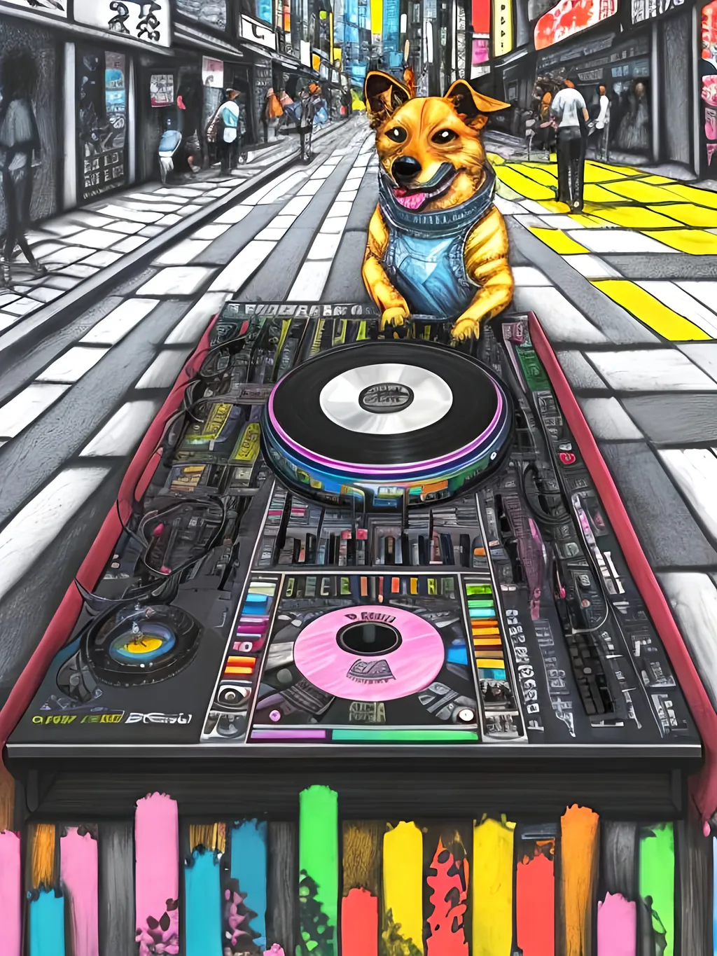 Prompt: pop art chalk pastel art of detailed dog DJing in the streets in Japan, sketch, detailed background, highres, fun atmosphere, natural lighting,  abstract, fun