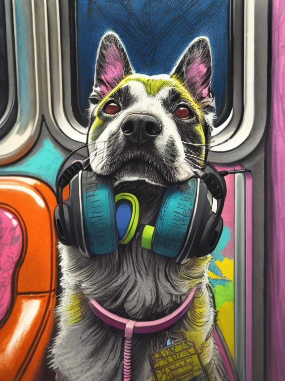 Prompt: pop art chalk pastel art of a detailed dog listening to music on the train in cyberpunk japan during a festival, sketch, detailed background, highres, fun atmosphere, natural lighting,  abstract, fun