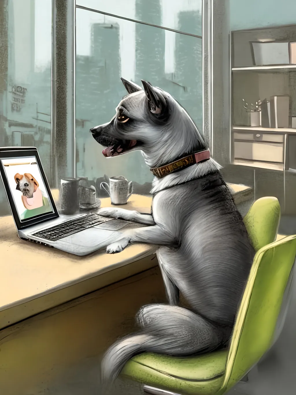 Prompt: chalk pastel style of a  detailed dog typing at a desk in a modern city office, sketch, detailed background, highres, fun atmosphere, natural lighting,  abstract, fun