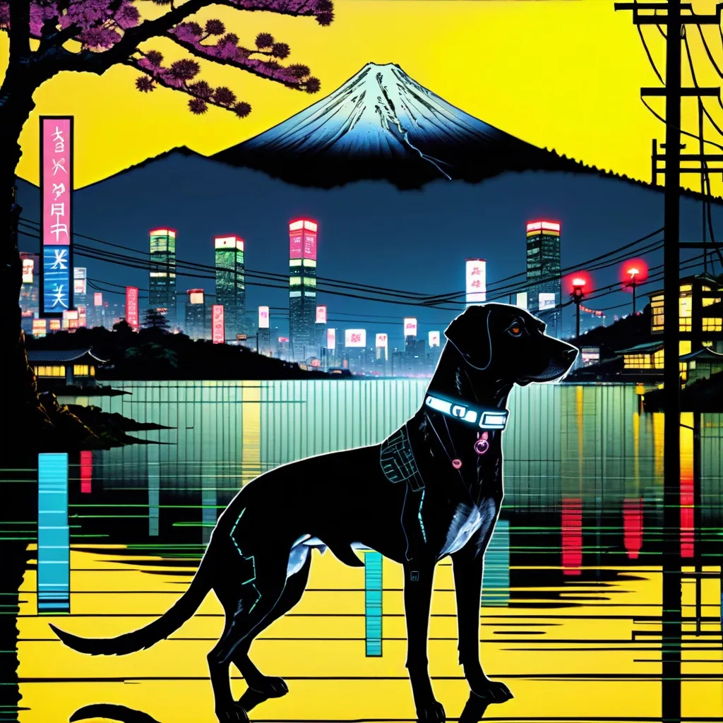 Prompt: mountain cur black dogs in cyberpunk hiroshige