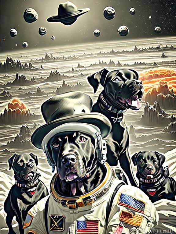 Prompt: Surrealism black dogs in trump outfits in space, abstract art style, cowboy hat, fun atmosphere, floating celestial bodies, mysterious nebulae, dreamlike, surreal, high contrast, otherworldly, abstract, space, astronaut, fun atmosphere, celestial bodies, dreamlike, surreal, high contrast, mysterious, nebulae, dogs, usa