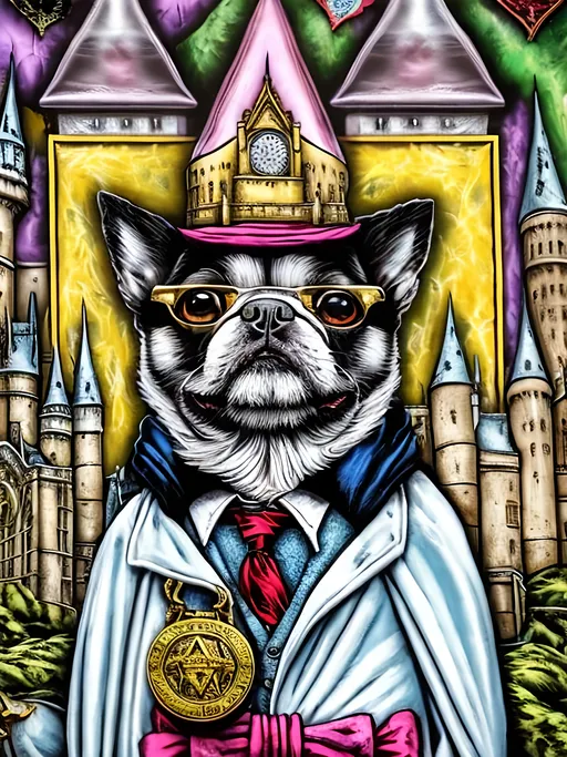 Prompt: pop art chalk pastel style art of detailed dog at hogwarts dressed in wizard robes, sketch, detailed background, highres, fun atmosphere, natural lighting,  abstract, fun