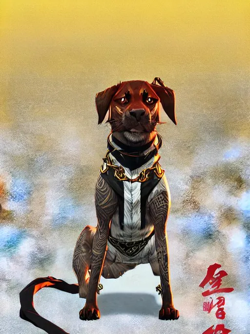 Prompt: black mountain cur dog in yakuza outfit 90s poster