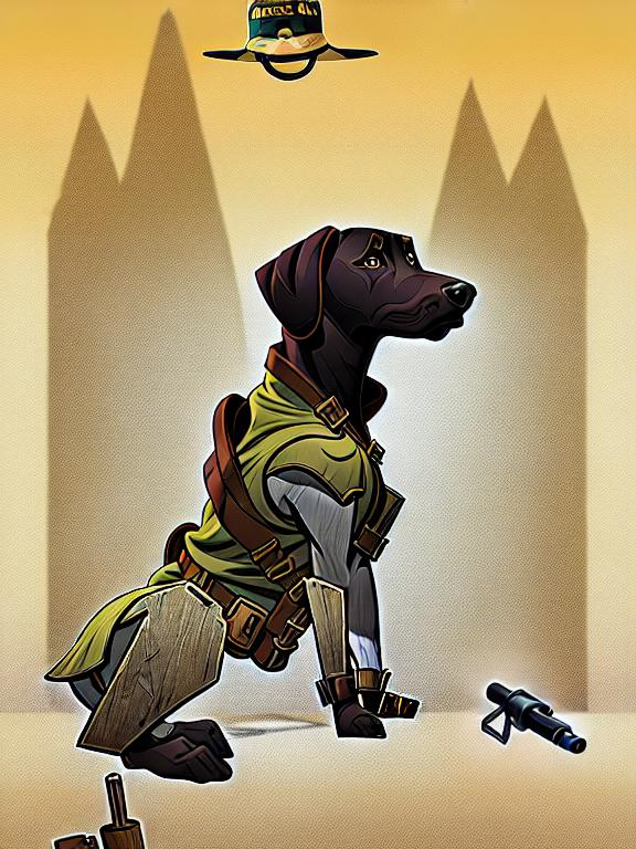 Prompt: black mountain cur dog in military gear in egypt 90s poster