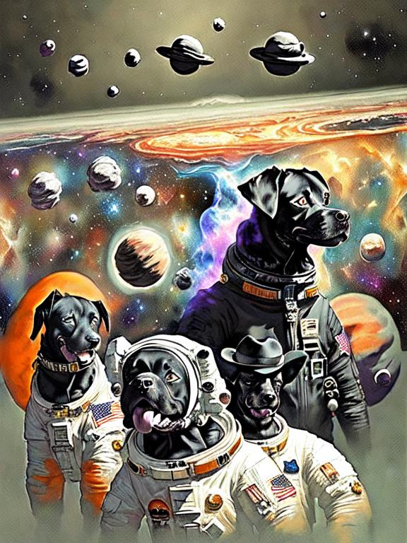 Prompt: Surrealism black dogs in trump outfits in space, abstract art style, cowboy hat, fun atmosphere, floating celestial bodies, mysterious nebulae, dreamlike, surreal, high contrast, otherworldly, abstract, space, astronaut, fun atmosphere, celestial bodies, dreamlike, surreal, high contrast, mysterious, nebulae, dogs, usa