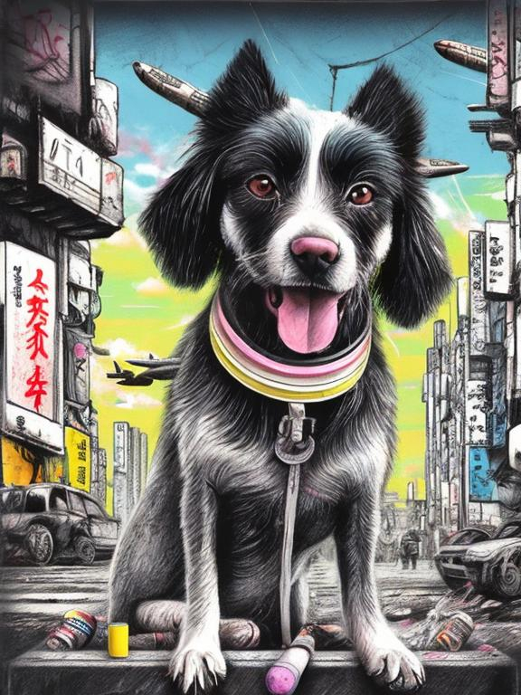 Prompt: pop art chalk pastel art of a detailed dog with a polaroid camera on the streets in post-apocalyptic Japan during a festival with planes in the background, sketch, detailed background, highres, fun atmosphere, natural lighting,  abstract, fun