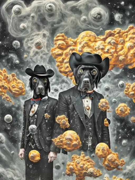 Prompt: Surrealism black dogs in gangster outfits in space, abstract art style, cowboy hat, fun atmosphere, floating celestial bodies, mysterious nebulae, dreamlike, surreal, high contrast, otherworldly, abstract, space, astronaut, fun atmosphere, celestial bodies, dreamlike, surreal, high contrast, mysterious, nebulae, dogs, usa, patriotic, trump