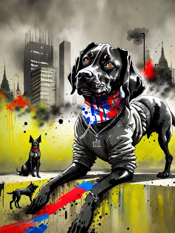 Prompt: surreal, Abstract art of a black dogs in gangster clothes, graffiti, streets, patriotic, detailed, atmospheric lighting, battle in the background, highres, abstract, gangster, detailed clothing, patriotic theme, streets, atmospheric lighting, dogs