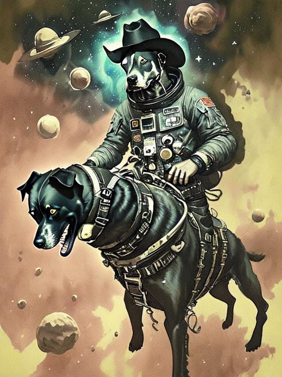 Prompt: Surrealism black dogs in cowboy outfits in space, abstract art style, cowboy hat, eerie atmosphere, floating celestial bodies, mysterious nebulae, dreamlike, surreal, high contrast, otherworldly, abstract, space, astronaut, eerie atmosphere, celestial bodies, dreamlike, surreal, high contrast, mysterious, nebulae, dogs