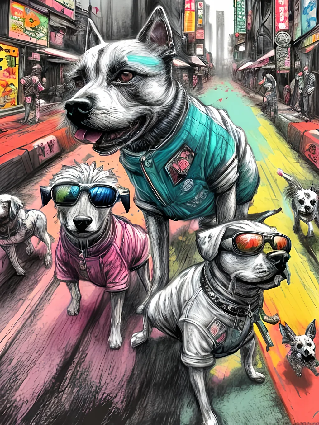 Prompt: pop art chalk pastel art of detailed dogs wearing gangster clothes playing in the streets in cyberpunk japan during a festival, sketch, detailed background, highres, fun atmosphere, natural lighting,  abstract, fun