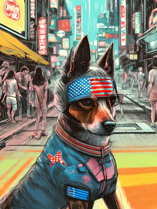 Prompt: pop art chalk pastel art of detailed dog wearing USA clothes playing in the streets in cyberpunk japan during a festival, sketch, detailed background, highres, fun atmosphere, natural lighting,  abstract, fun