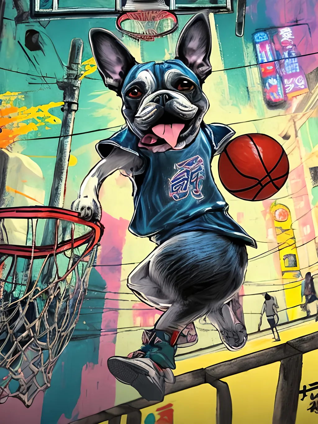 Prompt: pop art chalk pastel art of detailed dog playing basket ball game in cyberpunk japan, sketch, detailed background, highres, fun atmosphere, natural lighting,  abstract, fun