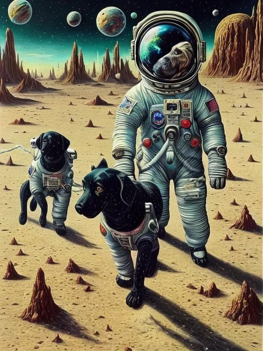 Prompt: Surrealism art, black dogs in astronaut outfits, space background, surrealistic, abstract, detailed fur, cosmic colors, dreamlike atmosphere, high quality, surrealism, astronaut dogs, abstract art, cosmic, detailed, surreal colors, space setting, dreamy lighting