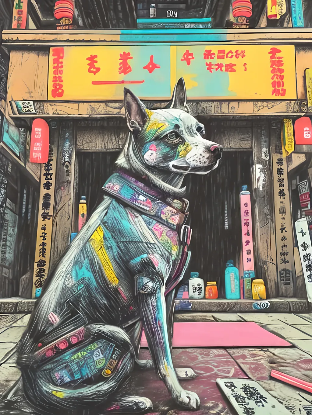 Prompt: pop art chalk pastel art of detailed dog at a shrine in cyberpunk japan, sketch, detailed background, highres, fun atmosphere, natural lighting,  abstract, fun
