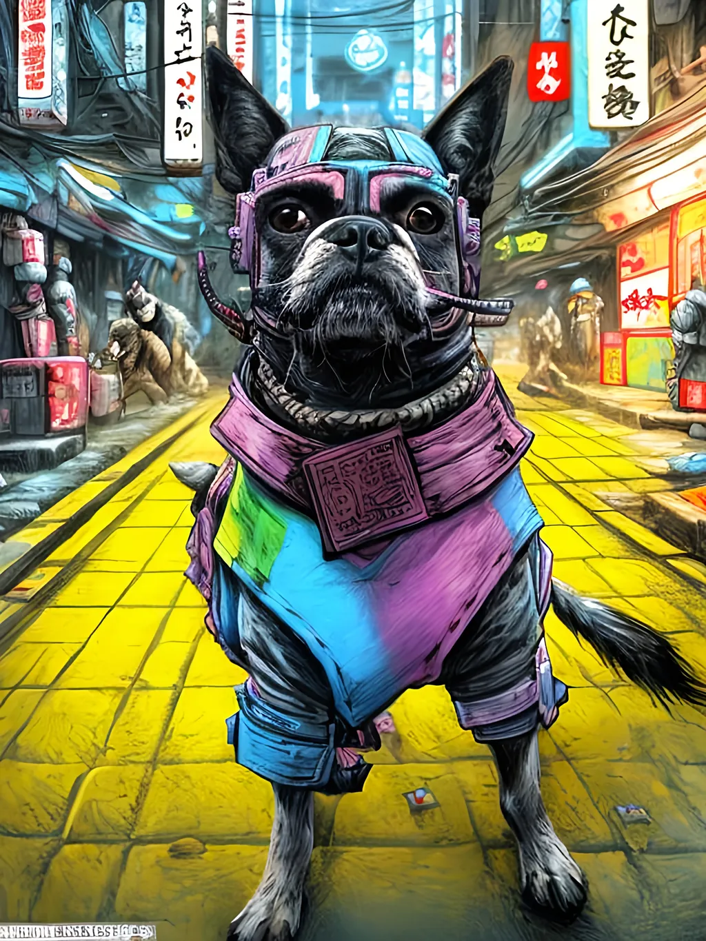 Prompt: pop art chalk pastel art of detailed dog wearing ninja clothes playing in the streets in cyberpunk japan during a festival, sketch, detailed background, highres, fun atmosphere, natural lighting,  abstract, fun