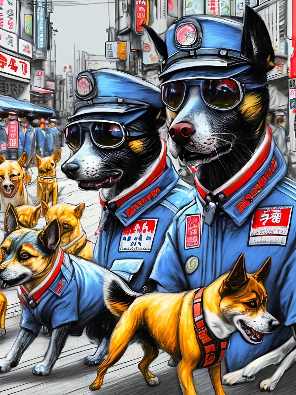 Prompt: pop art chalk pastel art of detailed dogs wearing pilot uniforms playing in the streets in japan during a festival, sketch, detailed background, highres, fun atmosphere, natural lighting,  abstract, fun