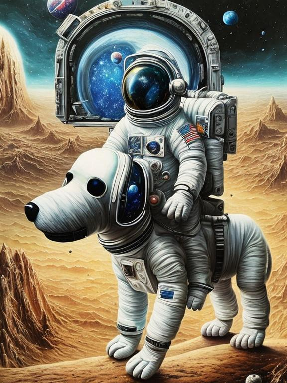 Prompt: Surrealism art, black dogs in astronaut outfits, space background, surrealistic, abstract, detailed fur, cosmic colors, dreamlike atmosphere, high quality, surrealism, astronaut dogs, abstract art, cosmic, detailed, surreal colors, space setting, dreamy lighting